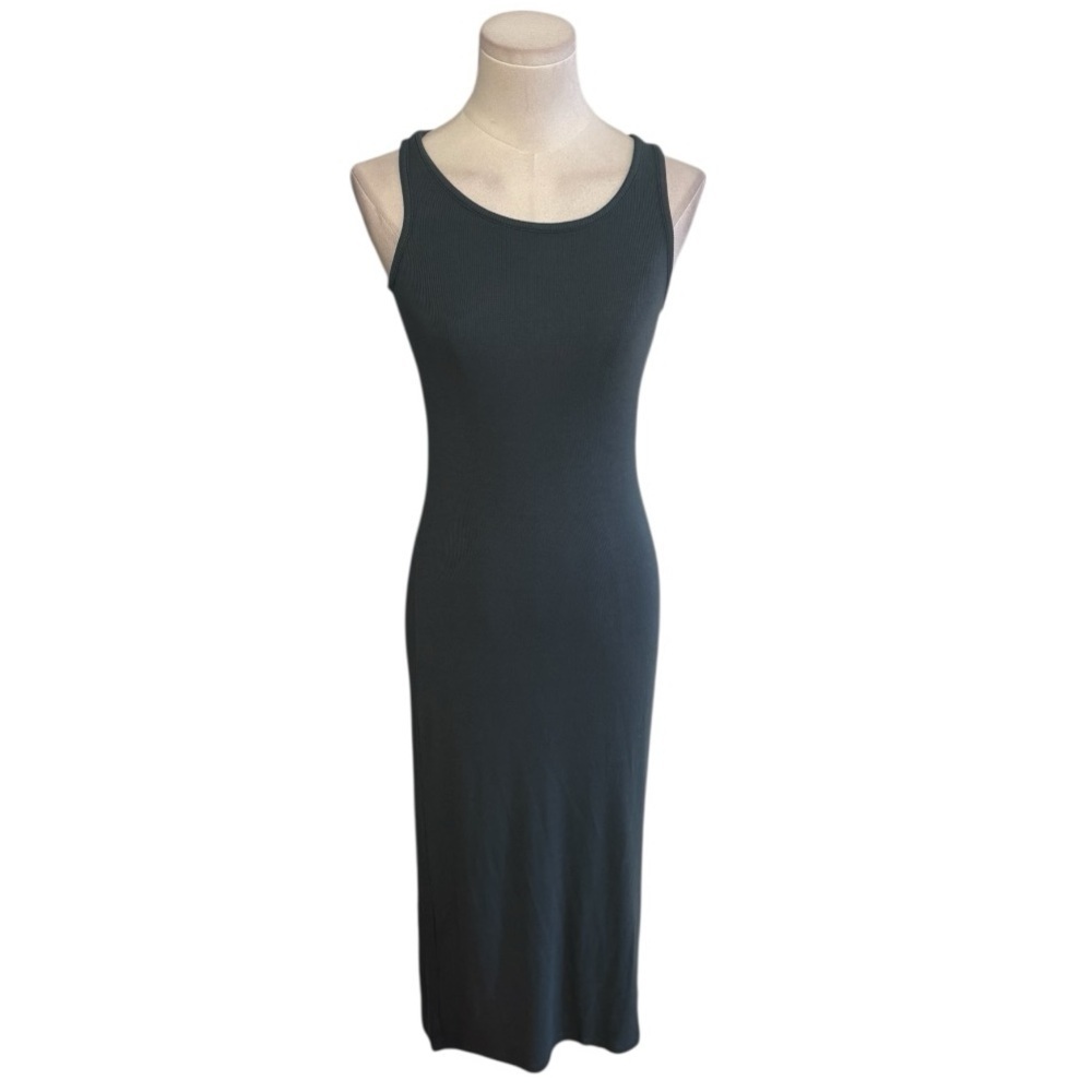 QUINCE Tencel Ribbed Sleeveless Midi Dress Green Stretchy Fitted Size S Soft